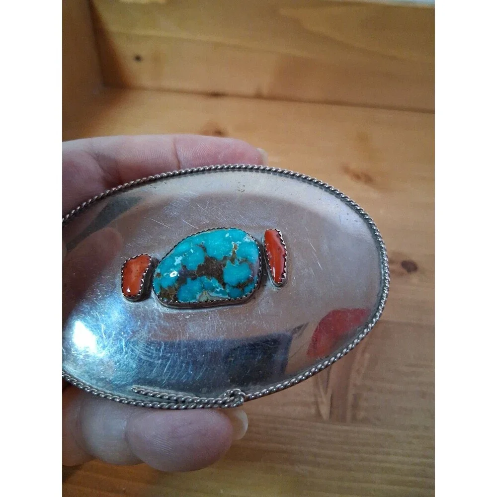 Belt Buckle VTG Signed 3-Stone Baboquivari Turqoise Coral Silver Ahumada & Sons